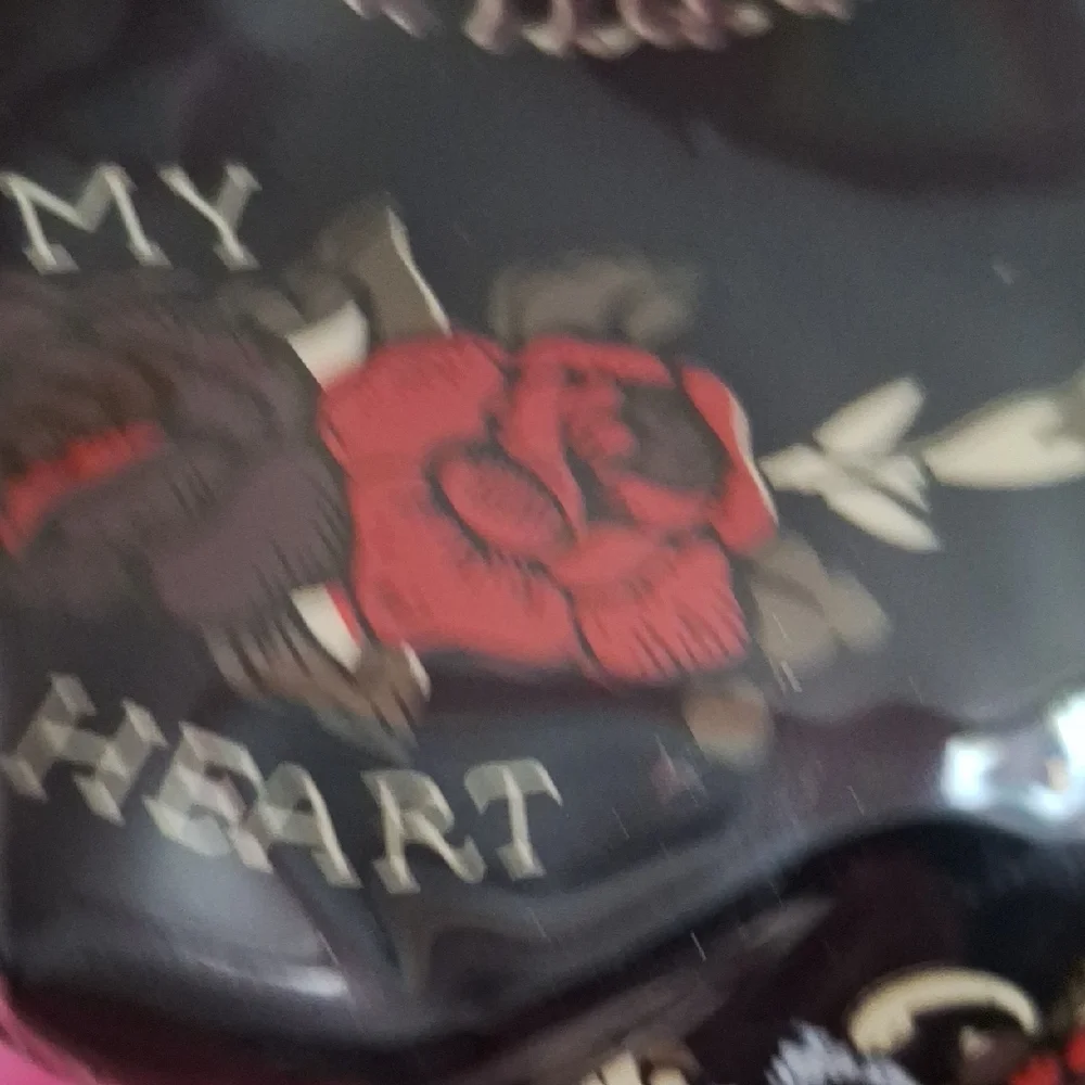 Black Tattoo Print Vinyl Cosmetic Pouch with Heart Charm